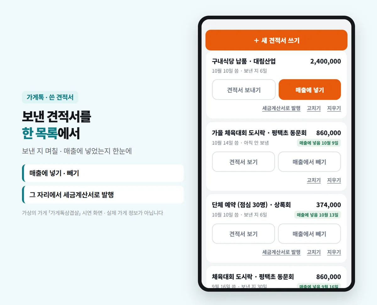 쓴 견적서 목록 — 구내식당 납품 · 대림산업 2,400,000원 보낸 지 6일, 가을 체육대회 도시락 · 평택초 동문회 860,000원, 단체 예약(점심 30명) · 상록회 374,000원, 줄마다 견적서 보기 · 매출에 넣기 · 세금계산서로 발행 단추