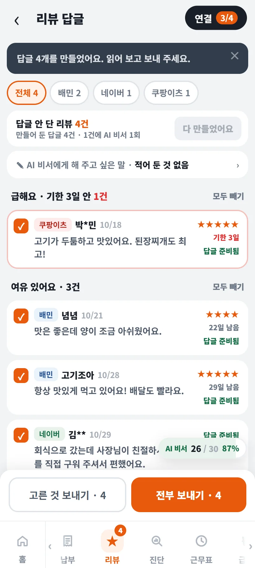 가게톡 전체 만들기 뒤 화면 — 「답글 4개를 만들었어요. 읽어 보고 보내 주세요.」 안내, 만들어 둔 답글 4건, 네 리뷰 모두 체크와 「답글 준비됨」 표시, 아래 고른 것 보내기 · 4 와 전부 보내기 · 4 단추, AI 비서 26 / 30