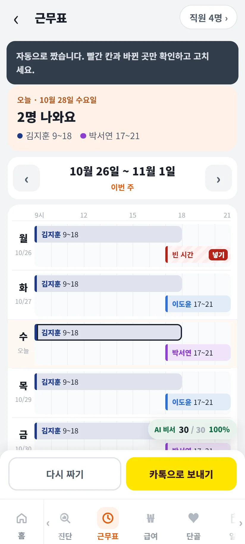 자동으로 짠 근무표 10월 26일~11월 1일 — 월 김지훈 9~18과 17~21 빈 시간, 화 김지훈 9~18 · 이도윤 17~21, 수 김지훈 9~18 · 박서연 17~21, 목 김지훈 9~18 · 이도윤 17~21, 직원 4명, 다시 짜기 · 카톡으로 보내기 단추
